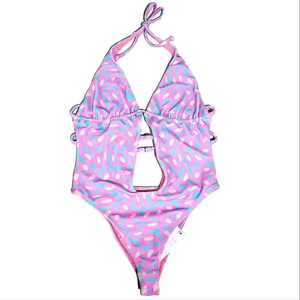 Frankies Bikinis Womens Pink Blue Floral Halter Cutout One Piece Swimsuit Large